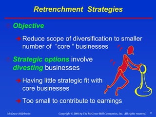 48
© 2001 by The McGraw-Hill Companies, Inc. All rights reserved.
McGraw-Hill/Irwin Copyright
Retrenchment Strategies
 Objective
 Reduce scope of diversification to smaller
number of “core “ businesses
 Strategic options involve
divesting businesses
 Having little strategic fit with
core businesses
 Too small to contribute to earnings
 