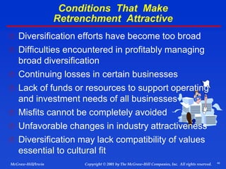 49
© 2001 by The McGraw-Hill Companies, Inc. All rights reserved.
McGraw-Hill/Irwin Copyright
Conditions That Make
Retrenchment Attractive
 Diversification efforts have become too broad
 Difficulties encountered in profitably managing
broad diversification
 Continuing losses in certain businesses
 Lack of funds or resources to support operating
and investment needs of all businesses
 Misfits cannot be completely avoided
 Unfavorable changes in industry attractiveness
 Diversification may lack compatibility of values
essential to cultural fit
 