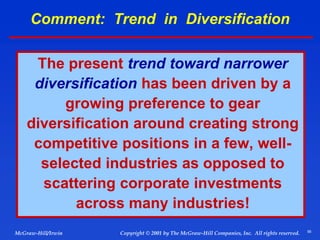 56
© 2001 by The McGraw-Hill Companies, Inc. All rights reserved.
McGraw-Hill/Irwin Copyright
Comment: Trend in Diversification
The present trend toward narrower
diversification has been driven by a
growing preference to gear
diversification around creating strong
competitive positions in a few, well-
selected industries as opposed to
scattering corporate investments
across many industries!
 