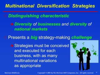 57
© 2001 by The McGraw-Hill Companies, Inc. All rights reserved.
McGraw-Hill/Irwin Copyright
Multinational Diversification Strategies
 Distinguishing characteristic
 Diversity of businesses and diversity of
national markets
 Presents a big strategy-making challenge
 Strategies must be conceived
and executed for each
business, with as many
multinational variations
as appropriate
 