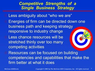 6
© 2001 by The McGraw-Hill Companies, Inc. All rights reserved.
McGraw-Hill/Irwin Copyright
Competitive Strengths of a
Single Business Strategy
 Less ambiguity about “who we are”
 Energies of firm can be directed down one
business path and keeping strategy
responsive to industry change
 Less chance resources will be
stretched thinly over too many
competing activities
 Resources can be focused on building
competencies and capabilities that make the
firm better at what it does
 