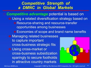 60
© 2001 by The McGraw-Hill Companies, Inc. All rights reserved.
McGraw-Hill/Irwin Copyright
Competitive Strength of
a DMNC in Global Markets
 Competitive advantage potential is based on
 Using a related diversification strategy based on
 Resource-sharing and resource-transfer
opportunities among businesses
 Economies of scope and brand name benefits
 Managing related businesses
to capture important
cross-business strategic fits
 Using cross-market or
cross-business subsidization
sparingly to secure footholds
in attractive country markets
 