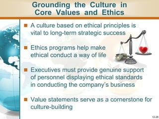 12-28
 A culture based on ethical principles is
vital to long-term strategic success
 Ethics programs help make
ethical conduct a way of life
 Executives must provide genuine support
of personnel displaying ethical standards
in conducting the company’s business
 Value statements serve as a cornerstone for
culture-building
Grounding the Culture in
Core Values and Ethics
 