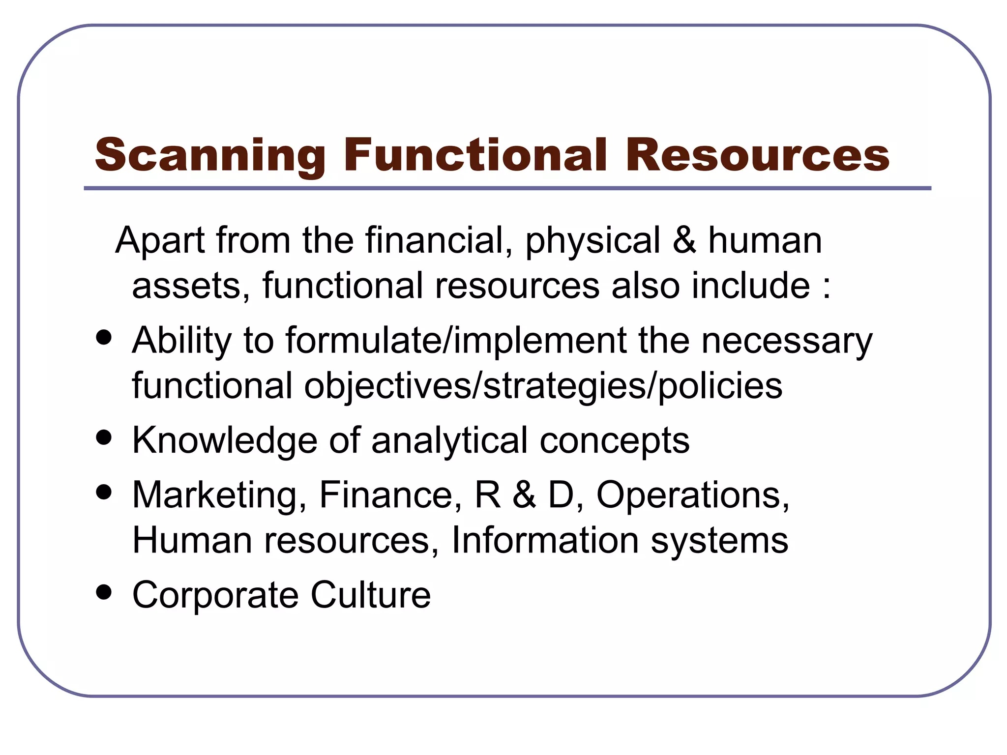 Scanning Functional Resources Apart from the financial, physical & human assets, functional resources also include : Ability to formulate/implement the necessary functional objectives/strategies/policies Knowledge of analytical concepts Marketing, Finance, R & D, Operations, Human resources, Information systems Corporate Culture 