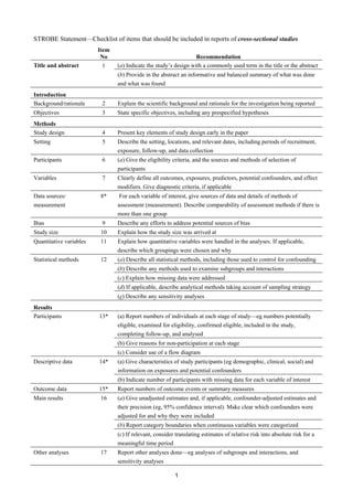 1
STROBE Statement—Checklist of items that should be included in reports of cross-sectional studies
Item
No Recommendation
(a) Indicate the study’s design with a commonly used term in the title or the abstract
Title and abstract 1
(b) Provide in the abstract an informative and balanced summary of what was done
and what was found
Introduction
Background/rationale 2 Explain the scientific background and rationale for the investigation being reported
Objectives 3 State specific objectives, including any prespecified hypotheses
Methods
Study design 4 Present key elements of study design early in the paper
Setting 5 Describe the setting, locations, and relevant dates, including periods of recruitment,
exposure, follow-up, and data collection
Participants 6 (a) Give the eligibility criteria, and the sources and methods of selection of
participants
Variables 7 Clearly define all outcomes, exposures, predictors, potential confounders, and effect
modifiers. Give diagnostic criteria, if applicable
Data sources/
measurement
8* For each variable of interest, give sources of data and details of methods of
assessment (measurement). Describe comparability of assessment methods if there is
more than one group
Bias 9 Describe any efforts to address potential sources of bias
Study size 10 Explain how the study size was arrived at
Quantitative variables 11 Explain how quantitative variables were handled in the analyses. If applicable,
describe which groupings were chosen and why
(a) Describe all statistical methods, including those used to control for confounding
(b) Describe any methods used to examine subgroups and interactions
(c) Explain how missing data were addressed
(d) If applicable, describe analytical methods taking account of sampling strategy
Statistical methods 12
(e) Describe any sensitivity analyses
Results
(a) Report numbers of individuals at each stage of study—eg numbers potentially
eligible, examined for eligibility, confirmed eligible, included in the study,
completing follow-up, and analysed
(b) Give reasons for non-participation at each stage
Participants 13*
(c) Consider use of a flow diagram
(a) Give characteristics of study participants (eg demographic, clinical, social) and
information on exposures and potential confounders
Descriptive data 14*
(b) Indicate number of participants with missing data for each variable of interest
Outcome data 15* Report numbers of outcome events or summary measures
(a) Give unadjusted estimates and, if applicable, confounder-adjusted estimates and
their precision (eg, 95% confidence interval). Make clear which confounders were
adjusted for and why they were included
(b) Report category boundaries when continuous variables were categorized
Main results 16
(c) If relevant, consider translating estimates of relative risk into absolute risk for a
meaningful time period
Other analyses 17 Report other analyses done—eg analyses of subgroups and interactions, and
sensitivity analyses
 