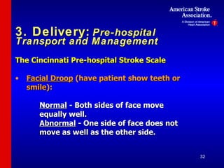 3. Delivery:   Pre-hospital Transport and Management The Cincinnati Pre-hospital Stroke Scale   Facial Droop  (have patient show teeth or smile): Normal  - Both sides of face move  equally well.   Abnormal  - One side of face does not  move as well as the other side. 