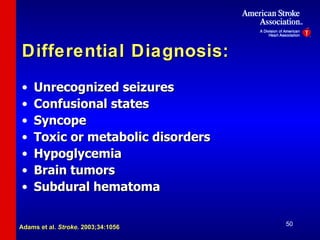 Differential Diagnosis: Unrecognized seizures Confusional states Syncope Toxic or metabolic disorders Hypoglycemia Brain tumors Subdural hematoma Adams et al.  Stroke.  2003;34:1056 