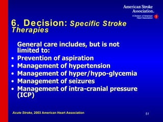 6. Decision:   Specific Stroke Therapies General care includes, but is not limited to: Prevention of aspiration Management of hypertension Management of hyper/hypo-glycemia Management of seizures Management of intra-cranial pressure (ICP) Acute Stroke , 2003 American Heart Association 