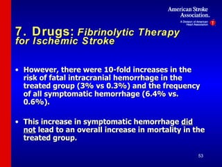 7. Drugs:   Fibrinolytic Therapy for Ischemic Stroke However, there were 10-fold increases in the risk of fatal intracranial hemorrhage in the treated group (3% vs 0.3%) and the frequency of all symptomatic hemorrhage (6.4% vs. 0.6%). This increase in symptomatic hemorrhage  did not  lead to an overall increase in mortality in the treated group. 