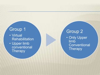Group 1
• Virtual
Rehabilitation
• Upper limb
conventional
Therapy
Group 2
• Only Upper
limb
Conventional
Therapy
 