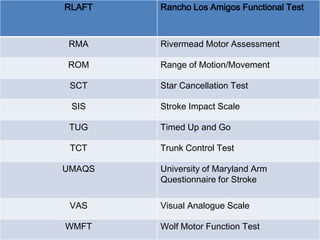 RLAFT Rancho Los Amigos Functional Test
RMA Rivermead Motor Assessment
ROM Range of Motion/Movement
SCT Star Cancellation Test
SIS Stroke Impact Scale
TUG Timed Up and Go
TCT Trunk Control Test
UMAQS University of Maryland Arm
Questionnaire for Stroke
VAS Visual Analogue Scale
WMFT Wolf Motor Function Test
 