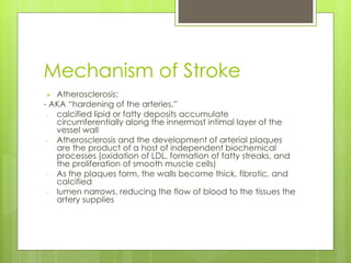 Mechanism of Stroke 
Atherosclerosis: 
- AKA “hardening of the arteries,” 
-calcified lipid or fatty deposits accumulate circumferentially along the innermost intimal layer of the vessel wall 
-Atherosclerosis and the development of arterial plaques are the product of a host of independent biochemical processes (oxidation of LDL, formation of fatty streaks, and the proliferation of smooth muscle cells) 
-As the plaques form, the walls become thick, fibrotic, and calcified 
-lumen narrows, reducing the flow of blood to the tissues the artery supplies  