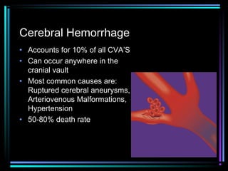 Cerebral Hemorrhage
• Accounts for 10% of all CVA’S
• Can occur anywhere in the
cranial vault
• Most common causes are:
Ruptured cerebral aneurysms,
Arteriovenous Malformations,
Hypertension
• 50-80% death rate
 