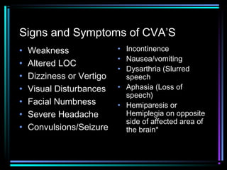Signs and Symptoms of CVA’S
• Weakness
• Altered LOC
• Dizziness or Vertigo
• Visual Disturbances
• Facial Numbness
• Severe Headache
• Convulsions/Seizure
• Incontinence
• Nausea/vomiting
• Dysarthria (Slurred
speech
• Aphasia (Loss of
speech)
• Hemiparesis or
Hemiplegia on opposite
side of affected area of
the brain*
 