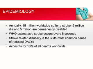 EPIDEMIOLOGY
• Annually, 15 million worldwide suffer a stroke- 5 million
die and 5 million are permanently disabled
• WHO estimates a stroke occurs every 5 seconds
• Stroke related disability is the sixth most common cause
of reduced DALYs
• Accounts for 10% of all deaths worldwide
 