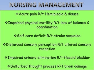 Acute pain R/t Hemiplegia & disuse
Impaired physical motility R/t loss of balance &
coordination
Self care deficit R/t stroke sequalae
Disturbed sensory perception R/t altered sensory
reception
Impaired urinary elimination R/t flaccid bladder
Disturbed thought process R/t brain damage
 