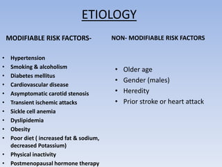 ETIOLOGY
MODIFIABLE RISK FACTORS-
• Hypertension
• Smoking & alcoholism
• Diabetes mellitus
• Cardiovascular disease
• Asymptomatic carotid stenosis
• Transient ischemic attacks
• Sickle cell anemia
• Dyslipidemia
• Obesity
• Poor diet ( increased fat & sodium,
decreased Potassium)
• Physical inactivity
• Postmenopausal hormone therapy
NON- MODIFIABLE RISK FACTORS
• Older age
• Gender (males)
• Heredity
• Prior stroke or heart attack
 
