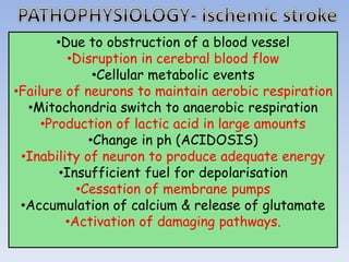 •Due to obstruction of a blood vessel
•Disruption in cerebral blood flow
•Cellular metabolic events
•Failure of neurons to maintain aerobic respiration
•Mitochondria switch to anaerobic respiration
•Production of lactic acid in large amounts
•Change in ph (ACIDOSIS)
•Inability of neuron to produce adequate energy
•Insufficient fuel for depolarisation
•Cessation of membrane pumps
•Accumulation of calcium & release of glutamate
•Activation of damaging pathways.
 