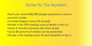 Stroke By The Numbers
•Each year nearly 800,000 people experience a new or
recurrent stroke.
•A stroke happens every 40 seconds.
•Stroke is the fifth leading cause of death in the U.S.
•Every 4 minutes someone dies from stroke.
•Up to 80 percent of strokes can be prevented.
•Stroke is the leading cause of adult disability in the U.
 