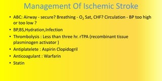 Management Of Ischemic Stroke
• ABC: Airway - secure? Breathing - O2 Sat, CHF? Circulation - BP too high
or too low ?
• BP,BS,Hydration,Infection
• Thrombolysis : Less than three hr. rTPA (recombinant tissue
plasminogen activator )
• Antiplatelete : Aspirin Clopidogril
• Anticoagulant : Warfarin
• Statin
 