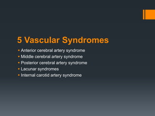 5 Vascular Syndromes
 Anterior cerebral artery syndrome
 Middle cerebral artery syndrome
 Posterior cerebral artery syndrome
 Lacunar syndromes
 Internal carotid artery syndrome
 