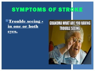 SYMPTOMS OF STROKE
Trouble seeing -
in one or both
eyes.
 
