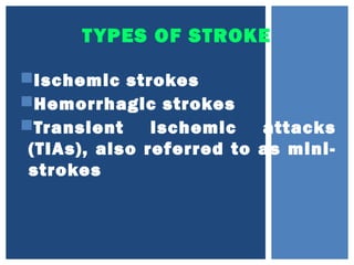 TYPES OF STROKE
Ischemic strokes
Hemorrhagic strokes
Transient ischemic attacks
(TIAs), also referred to as mini-
strokes
 