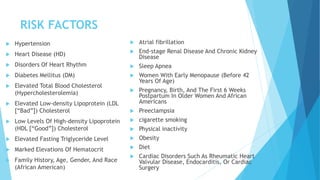 RISK FACTORS
 Hypertension
 Heart Disease (HD)
 Disorders Of Heart Rhythm
 Diabetes Mellitus (DM)
 Elevated Total Blood Cholesterol
(Hypercholesterolemia)
 Elevated Low-density Lipoprotein (LDL
[“Bad”]) Cholesterol
 Low Levels Of High-density Lipoprotein
(HDL [“Good”]) Cholesterol
 Elevated Fasting Triglyceride Level
 Marked Elevations Of Hematocrit
 Family History, Age, Gender, And Race
(African American)
 Atrial fibrillation
 End-stage Renal Disease And Chronic Kidney
Disease
 Sleep Apnea
 Women With Early Menopause (Before 42
Years Of Age)
 Pregnancy, Birth, And The First 6 Weeks
Postpartum In Older Women And African
Americans
 Preeclampsia
 cigarette smoking
 Physical inactivity
 Obesity
 Diet
 Cardiac Disorders Such As Rheumatic Heart
Valvular Disease, Endocarditis, Or Cardiac
Surgery
 