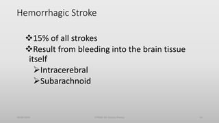 Hemorrhagic Stroke
15% of all strokes
Result from bleeding into the brain tissue
itself
Intracerebral
Subarachnoid
30/06/2020 STROKE (Dr Akshay Shetty) 14
 