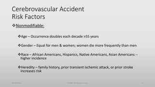 Cerebrovascular Accident
Risk Factors
Nonmodifiable:
Age – Occurrence doubles each decade >55 years
Gender – Equal for men & women; women die more frequently than men
Race – African Americans, Hispanics, Native Americans, Asian Americans --
higher incidence
Heredity – family history, prior transient ischemic attack, or prior stroke
increases risk
30/06/2020 STROKE (Dr Akshay Shetty) 5
 