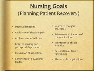 Nursing Goals
(Planning Patient Recovery)
 Improved mobility
 Avoidance of shoulder pain
 Achievement of self care
 Relief of sensory and
perceptual deprivation
 Prevention of aspiration
 Continence of bowel and
bladder
 Improved thought
processes
 Achievement of a form of
communication
 Maintenance of skin
integrity
 Restoration of family
functioning
 Absence of complications
 
