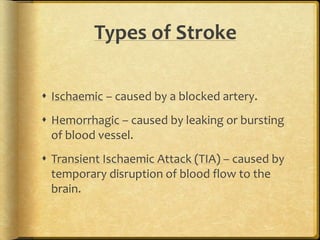 Types of Stroke
 Ischaemic – caused by a blocked artery.
 Hemorrhagic – caused by leaking or bursting
of blood vessel.
 Transient Ischaemic Attack (TIA) – caused by
temporary disruption of blood flow to the
brain.
 