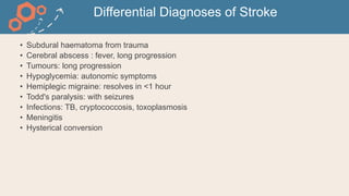Differential Diagnoses of Stroke
• Subdural haematoma from trauma
• Cerebral abscess : fever, long progression
• Tumours: long progression
• Hypoglycemia: autonomic symptoms
• Hemiplegic migraine: resolves in <1 hour
• Todd's paralysis: with seizures
• Infections: TB, cryptococcosis, toxoplasmosis
• Meningitis
• Hysterical conversion
 