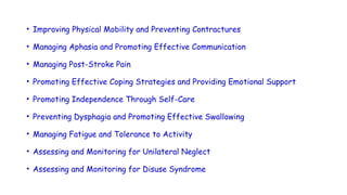 • Improving Physical Mobility and Preventing Contractures
• Managing Aphasia and Promoting Effective Communication
• Managing Post-Stroke Pain
• Promoting Effective Coping Strategies and Providing Emotional Support
• Promoting Independence Through Self-Care
• Preventing Dysphagia and Promoting Effective Swallowing
• Managing Fatigue and Tolerance to Activity
• Assessing and Monitoring for Unilateral Neglect
• Assessing and Monitoring for Disuse Syndrome
 