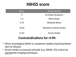 NIHSS score
Score Stroke Severity
0 No Stroke Symptoms
1-4 Minor Stroke
5-15 Moderate Stroke
16-20 Moderate to Severe Stroke
21-42 Severe Stroke
Contraindications for rt-PA
• Minor neurological deficit or symptoms rapidly improving before
start of infusion
• Severe stroke as assessed clinically (e.g. NIHSS >25) and/or by
appropriate imaging techniques
Dec 11, 2024
 