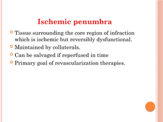  Tissue surrounding the core region of infraction
which is ischemic but reversibly dysfunctional.
 Maintained by collaterals.
 Can be salvaged if reperfused in time
 Primary goal of revascularization therapies.
Ischemic penumbra
 