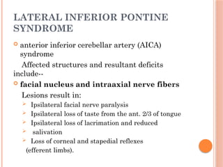 LATERAL INFERIOR PONTINE
SYNDROME
 anterior inferior cerebellar artery (AICA)
syndrome
Affected structures and resultant deficits
include--
 facial nucleus and intraaxial nerve fibers
Lesions result in:
 Ipsilateral facial nerve paralysis
 Ipsilateral loss of taste from the ant. 2/3 of tongue
 Ipsilateral loss of lacrimation and reduced
 salivation
 Loss of corneal and stapedial reflexes
(efferent limbs).
 