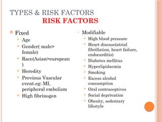 TYPES & RISK FACTORS
RISK FACTORS
 Fixed
 Age
 Gender( male>
female)
 Race(Asian>european
)
 Heredity
 Previous Vascular
event.eg: MI,
peripheral embolism
 High fibrinogen
o Modifiable
 High blood pressure
 Heart disease(atrial
fibrillation, heart failure,
endocarditis)
 Diabetes mellitus
 Hyperlipidaemia
 Smoking
 Excess alcohol
consumption
 Oral contraceptives
 Social deprivation
 Obesity, sedentary
lifestyle
 