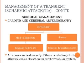 MANAGEMENT OF A TRANSIENT
ISCHAEMIC ATTACK(TIA) – CONT’D
SURGICAL MANAGEMENT
 CAROTID AND CEREBRAL ARTERIOGRAPHY
 All above can be done only if there is relatively little
atherosclerosis elsewhere in cerebrovascular system.
STENOSIS
Mild to Moderate
Regular Follow Up
Severe
Carotid Endarterectomy
 