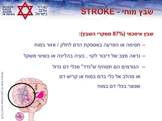 ©‫בישראל‬‫אדום‬‫דוד‬‫למגן‬‫שמורות‬‫הזכויות‬‫כל‬
‫איסכמי‬ ‫שבץ‬(87%‫השבץ‬ ‫ממקרי‬:)
–‫לחלק‬ ‫הדם‬ ‫באספקת‬ ‫הפרעה‬ ‫או‬ ‫חסימה‬/‫במוח‬ ‫אזור‬
–‫לקוי‬ ‫דיבור‬ ‫של‬ ‫מצב‬ ‫נראה‬,‫משקל‬ ‫בשיווי‬ ‫או‬ ‫בהליכה‬ ‫בעיה‬
–‫ש‬ ‫תסחיף‬ ‫הם‬ ‫הגורמים‬"‫נדד‬"‫גדול‬ ‫דם‬ ‫מכלי‬
‫דם‬ ‫קריש‬ ‫או‬ ‫במוח‬ ‫בדם‬ ‫כלי‬ ‫אל‬ ‫מהלב‬ ‫או‬
‫במוח‬ ‫דם‬ ‫בכלי‬ ‫שנוצר‬
 