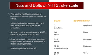 Nuts and Bolts of NIH Stroke scale
1. Tool used by healthcare providers to
objectively quantify impairment caused by
stroke.
1. Initially designed as a research tool and
then incorporated into Acute stroke
evaluation.
1. A trained provider administers the NIHSS
which usually takes about 10 min.
1. Scale consists of 11 items and each item
ranges from 0-5 where 0 is normal and 5
means severely affected.
1. Maximum possible score is 42.
Score Stroke severity
0 No stroke
symptoms
1-4 Minor
Stroke
5-15 Moderate
Stroke
16-20 Moderate
to severe Stroke
21-42 Severe
 