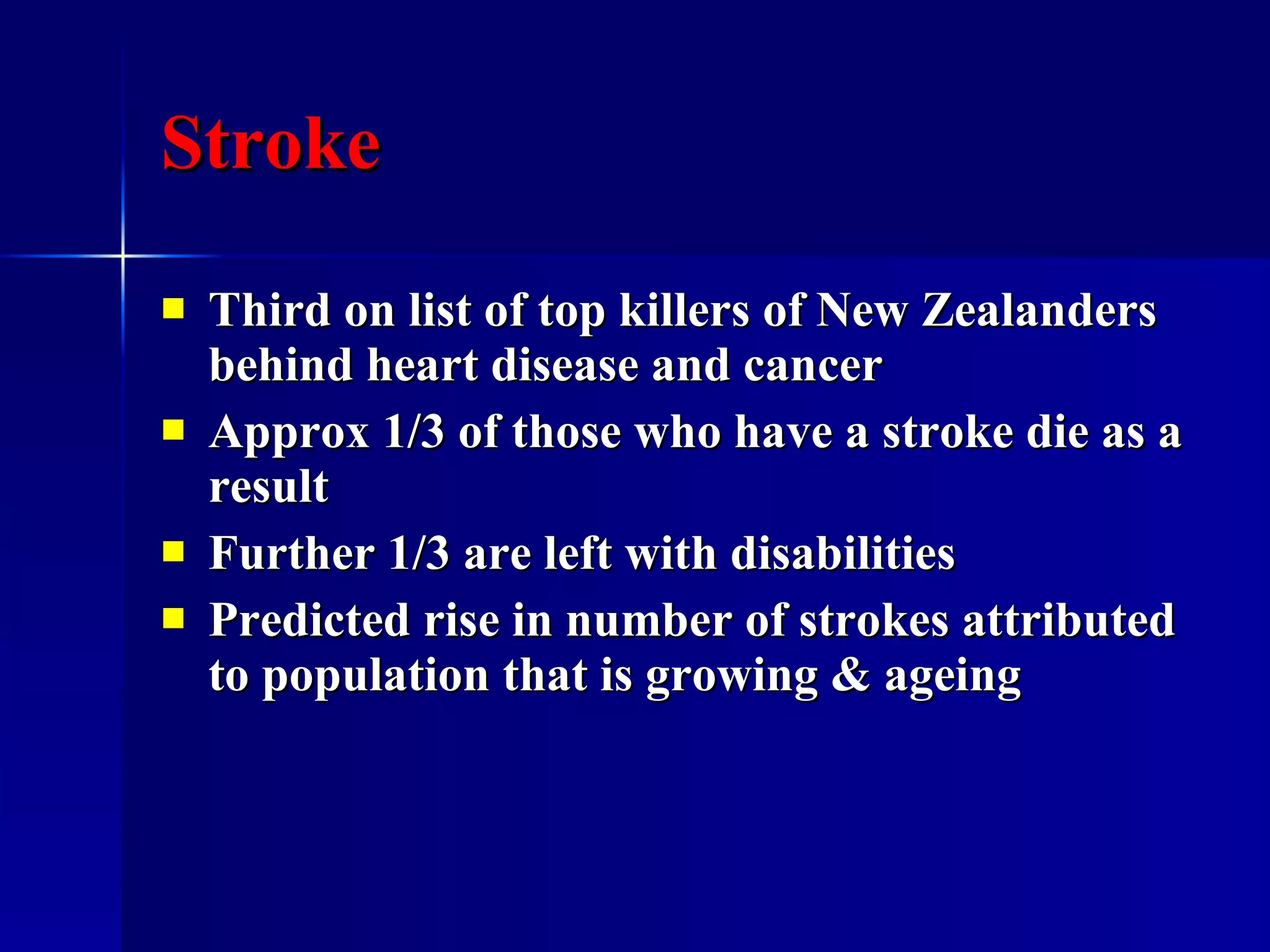 Stroke Third on list of top killers of New Zealanders behind heart disease and cancer Approx 1/3 of those who have a stroke die as a result Further 1/3 are left with disabilities Predicted rise in number of strokes attributed to population that is growing & ageing 