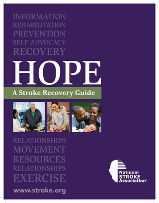 INFORMATION
REHABILITATION
PREVENTION
SELF ADVOCACY
RECOVERY

HOPE
A Stroke Recovery Guide




RELATIONSHIPS
MOVEMENT
RESOURCES
RELATIONSHIPS
EXERCISE
www.stroke.org
 