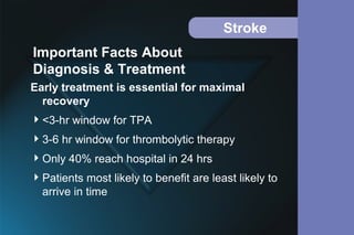Stroke
Early treatment is essential for maximal
recovery
<3-hr window for TPA
3-6 hr window for thrombolytic therapy
Only 40% reach hospital in 24 hrs
Patients most likely to benefit are least likely to
arrive in time
Important Facts About
Diagnosis & Treatment
 
