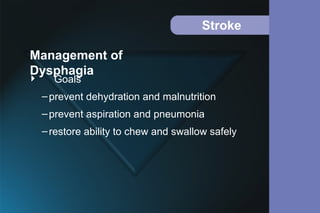 Stroke
 Goals
–prevent dehydration and malnutrition
–prevent aspiration and pneumonia
–restore ability to chew and swallow safely
Management of
Dysphagia
 