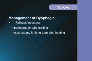 Stroke
 Fallback measures
–parenteral or tube feeding
–gastrostomy for long-term tube feeding
Management of Dysphagia
 