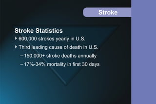 Stroke
Stroke Statistics
600,000 strokes yearly in U.S.
Third leading cause of death in U.S.
–150,000+ stroke deaths annually
–17%-34% mortality in first 30 days
 