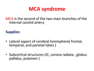 MCA syndrome
MCA is the second of the two main branches of the
internal carotid artery.
Supplies:

• Lateral aspect of cerebral hemisphere( frontal,
temporal, and parietal lobes )
• Subcortical structures (IC, corona radiata , globus
pallidus, putamen )

 