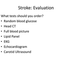 Management of Ischemic Stroke
• ABCs
• Initial 48 hrs:
– Permissive hypertension (SBP 140-180) to perfuse
penumbra
– IV fl...