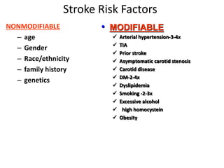 Stroke Risk Factors
NONMODIFIABLE
– age
– Gender
– Race/ethnicity
– family history
– genetics
• MODIFIABLE
 Arterial hypertension-3-4x
 TIA
 Prior stroke
 Asymptomatic carotid stenosis
 Carotid disease
 DM-2-4x
 Dyslipidemia
 Smoking -2-3x
 Excessive alcohol
 high homocystein
 Obesity
 